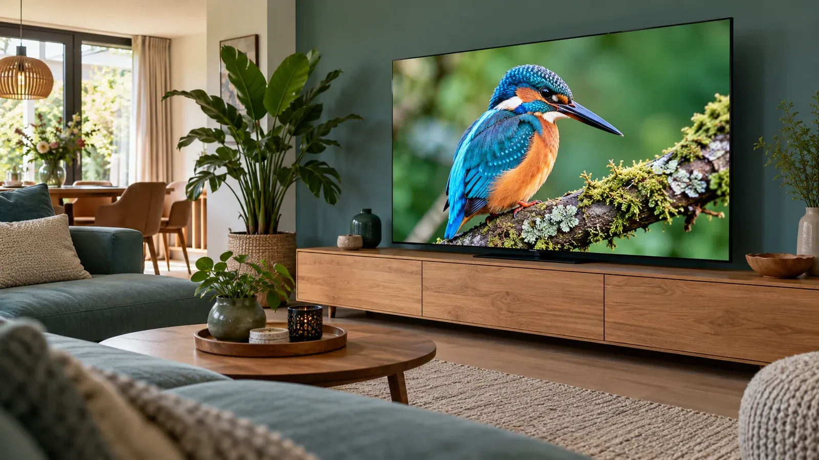 Grote 4K-tv op een houten tv-meubel die een scherp beeld van een ijsvogel op een tak toont