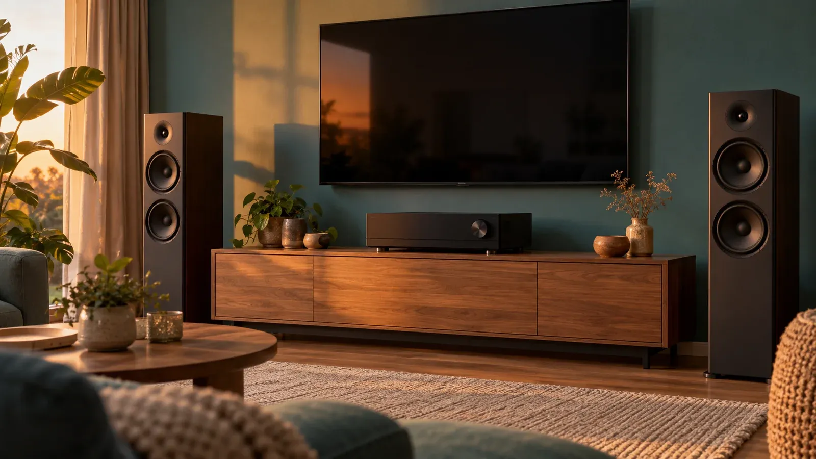 Home-cinemahoek met een AV-receiver op een houten tv-meubel, twee staande luidsprekers en een tv aan de muur
