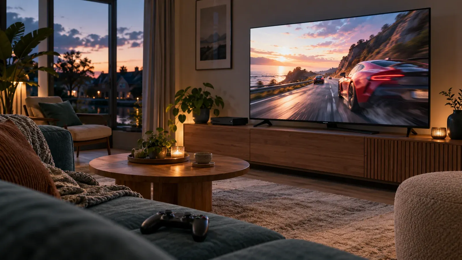 Grote tv met een racegame in een woonkamer bij avondlicht, met een console op het tv-meubel en een controller op de bank