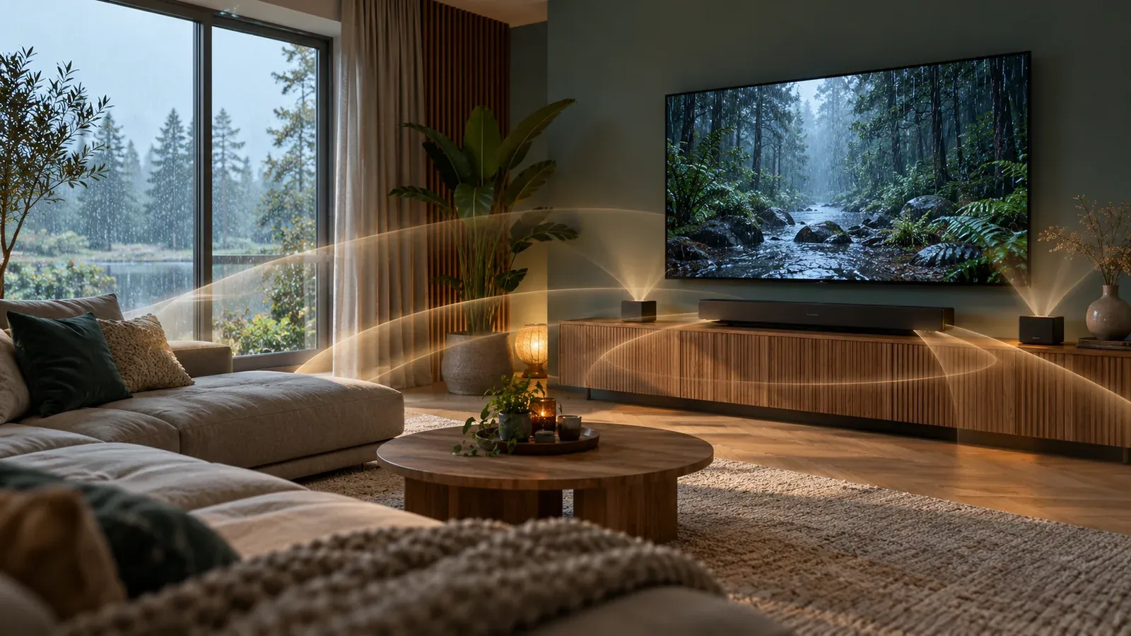 Woonkamer met een tv die een regenachtig bos toont, een soundbar en twee kleine luidsprekers op het tv-meubel; lichtbogen suggereren geluid door de kamer