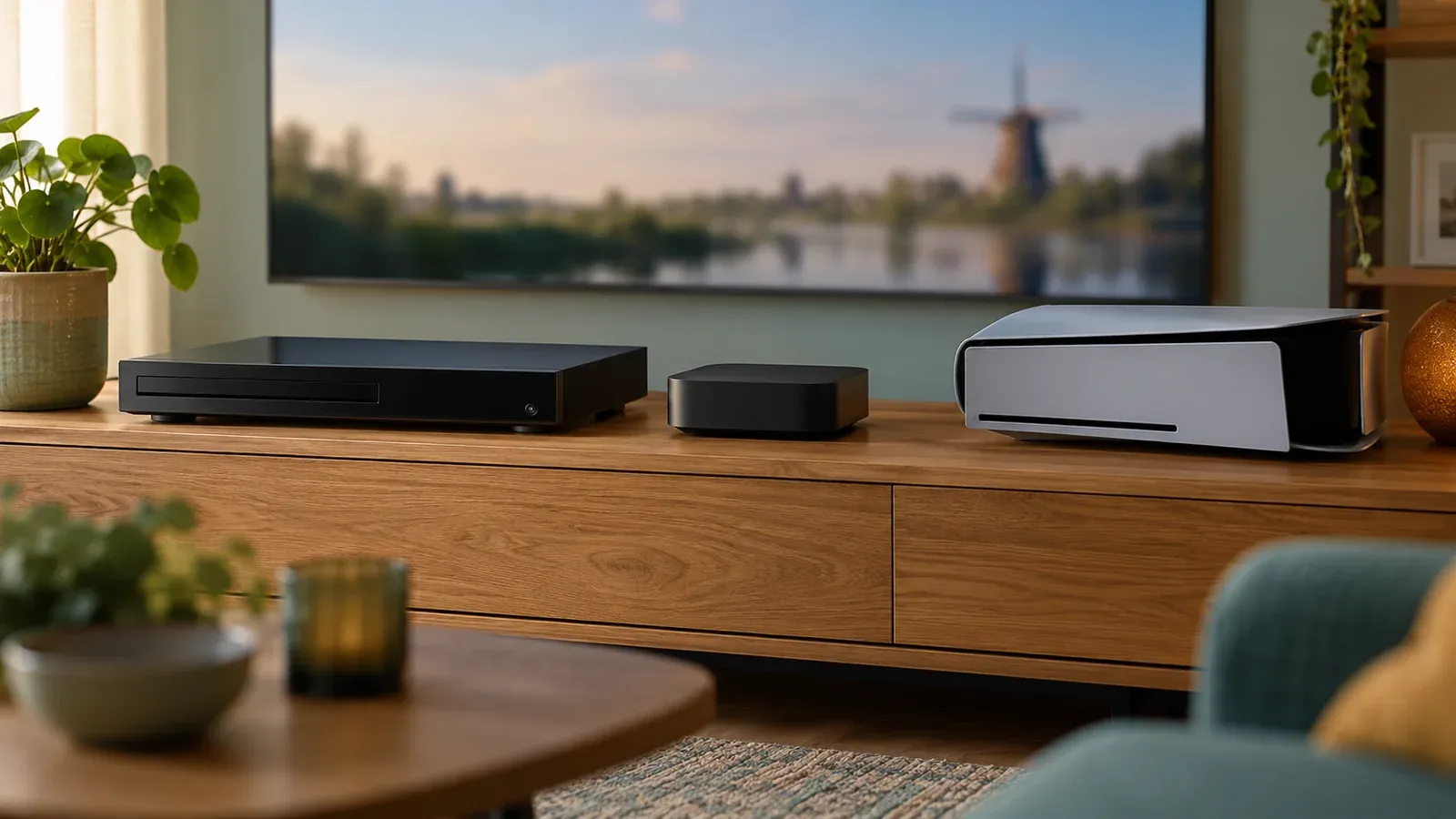 Drie apparaten naast elkaar op een houten tv-meubel: een blu-rayspeler, een streamingkastje en een spelcomputer, met een tv op de achtergrond