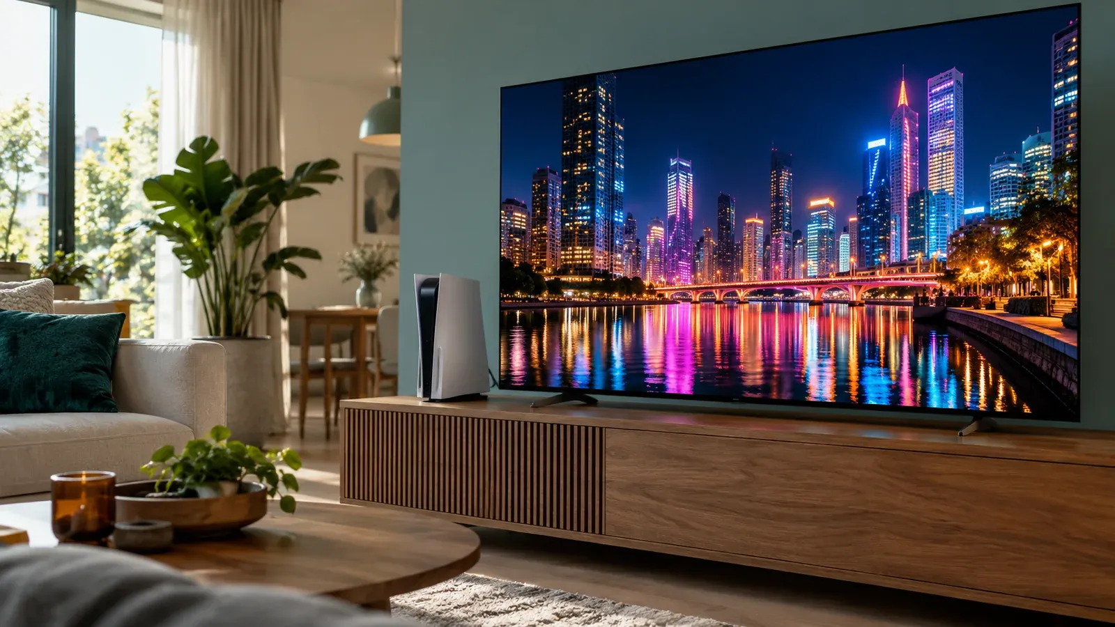 Grote tv met een kleurrijke stad bij nacht in HDR, met een witte spelcomputer ernaast op een houten tv-meubel