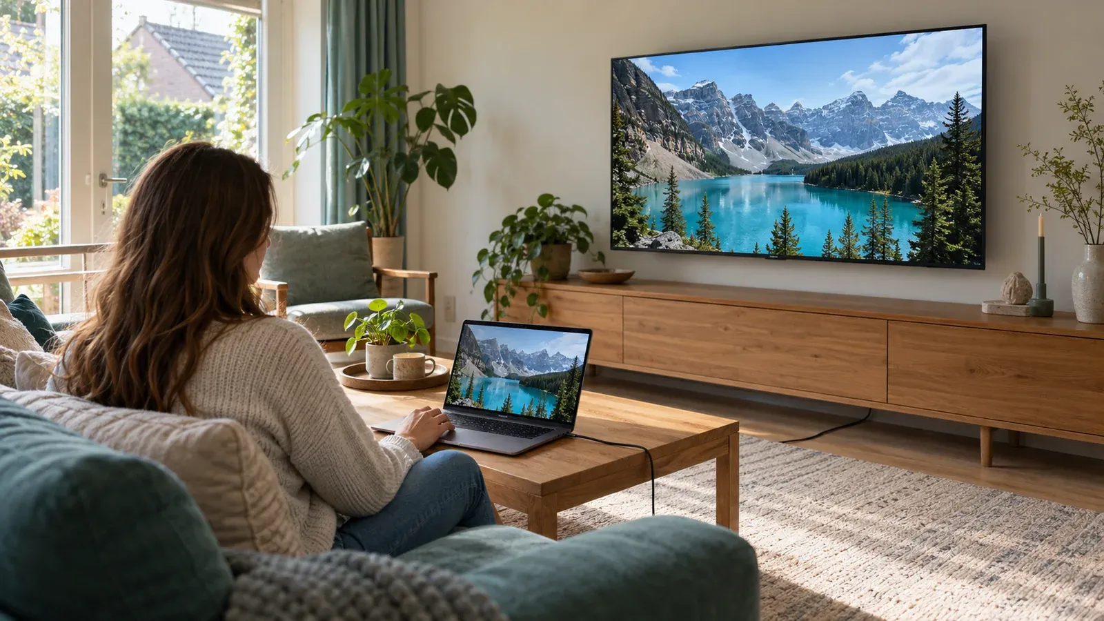 Vrouw op de bank met een laptop op de salontafel; een kabel loopt naar het tv-meubel en de tv aan de muur toont dezelfde berglandschapfoto als de laptop