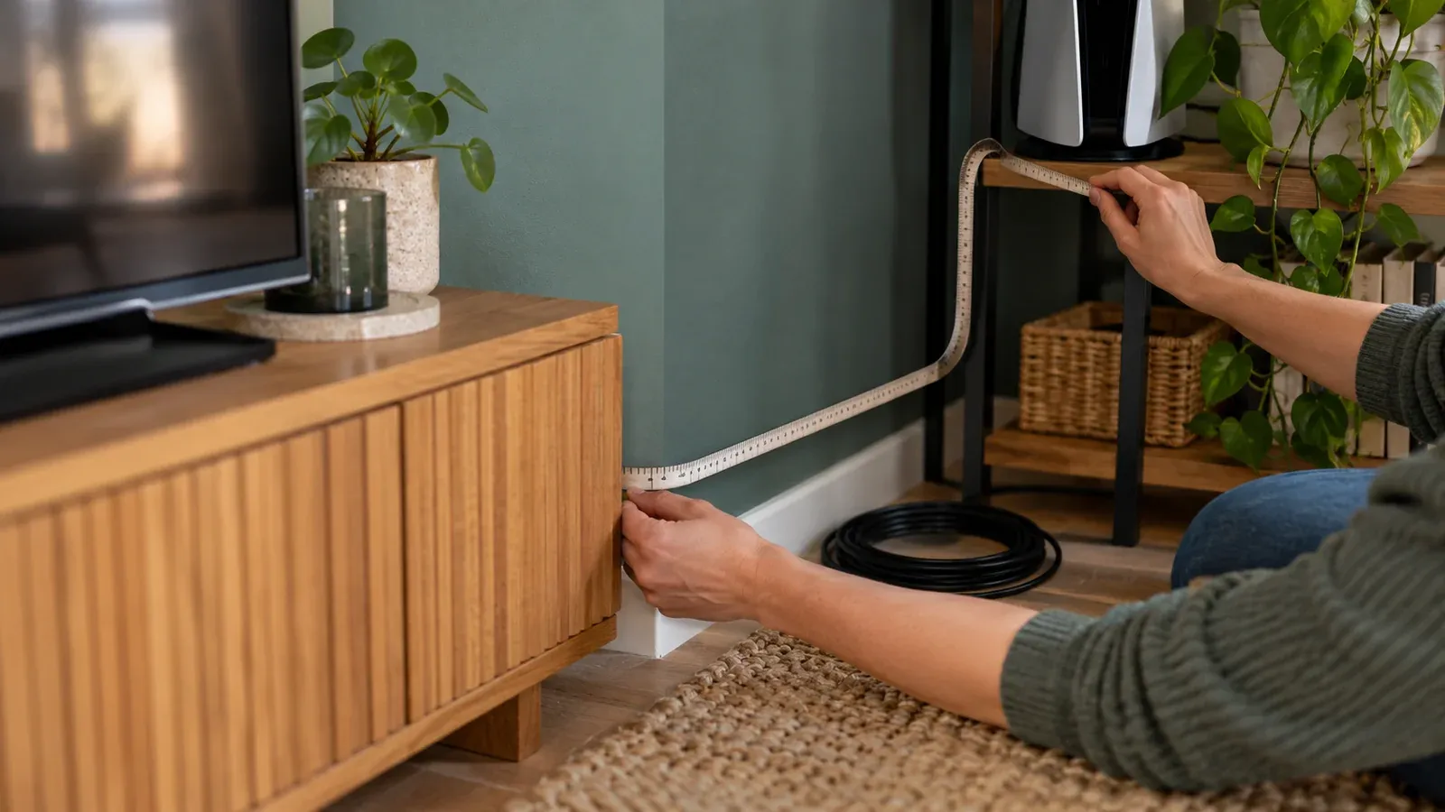 Iemand meet met een meetlint de route van het tv-meubel naar een console op een plank; een opgerolde kabel ligt op de vloer