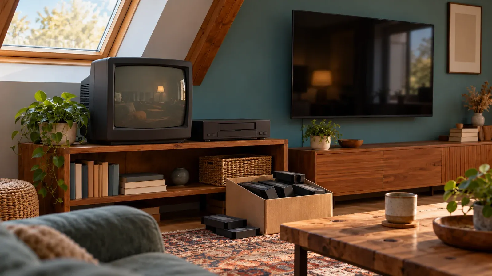 Oude beeldbuistelevisie en videorecorder op een houten kast op zolder, met een moderne platte tv aan de muur ernaast