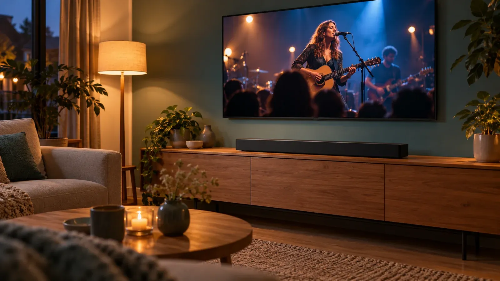 Soundbar op een houten tv-meubel onder een tv aan de muur die een concert toont, in een woonkamer met avondlicht