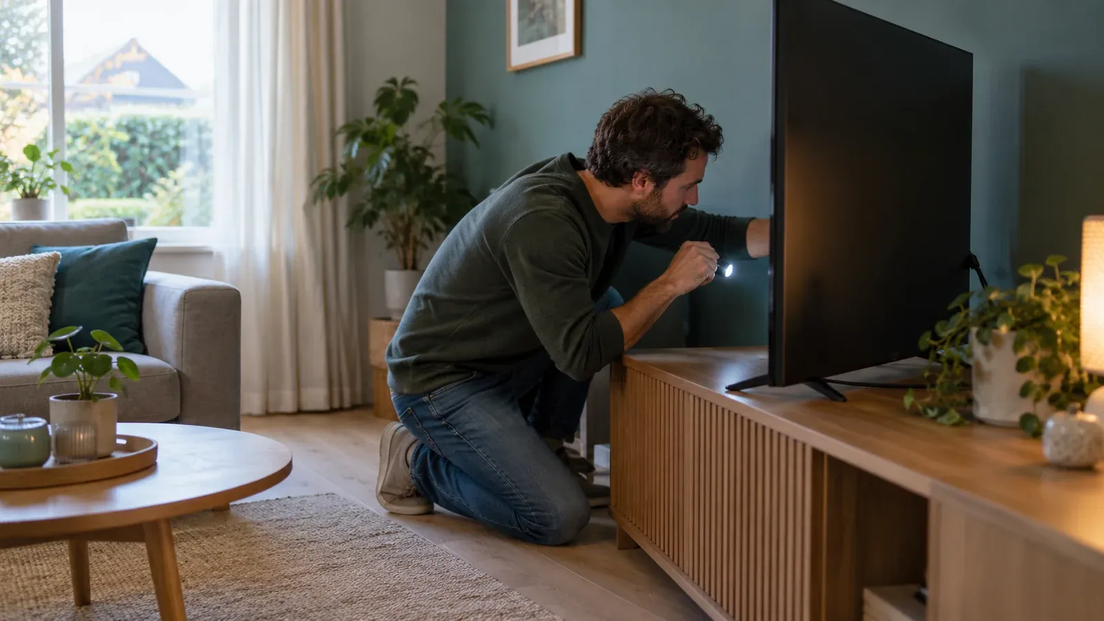 Man knielt met een zaklampje bij een tv-meubel en kijkt achter een tv met een zwart scherm